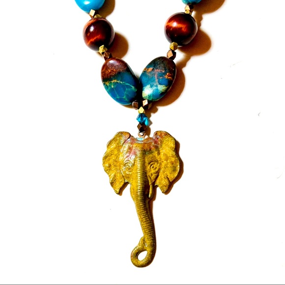 Golden Safari Patina Elephant Statement Necklace - Picture 1 of 13